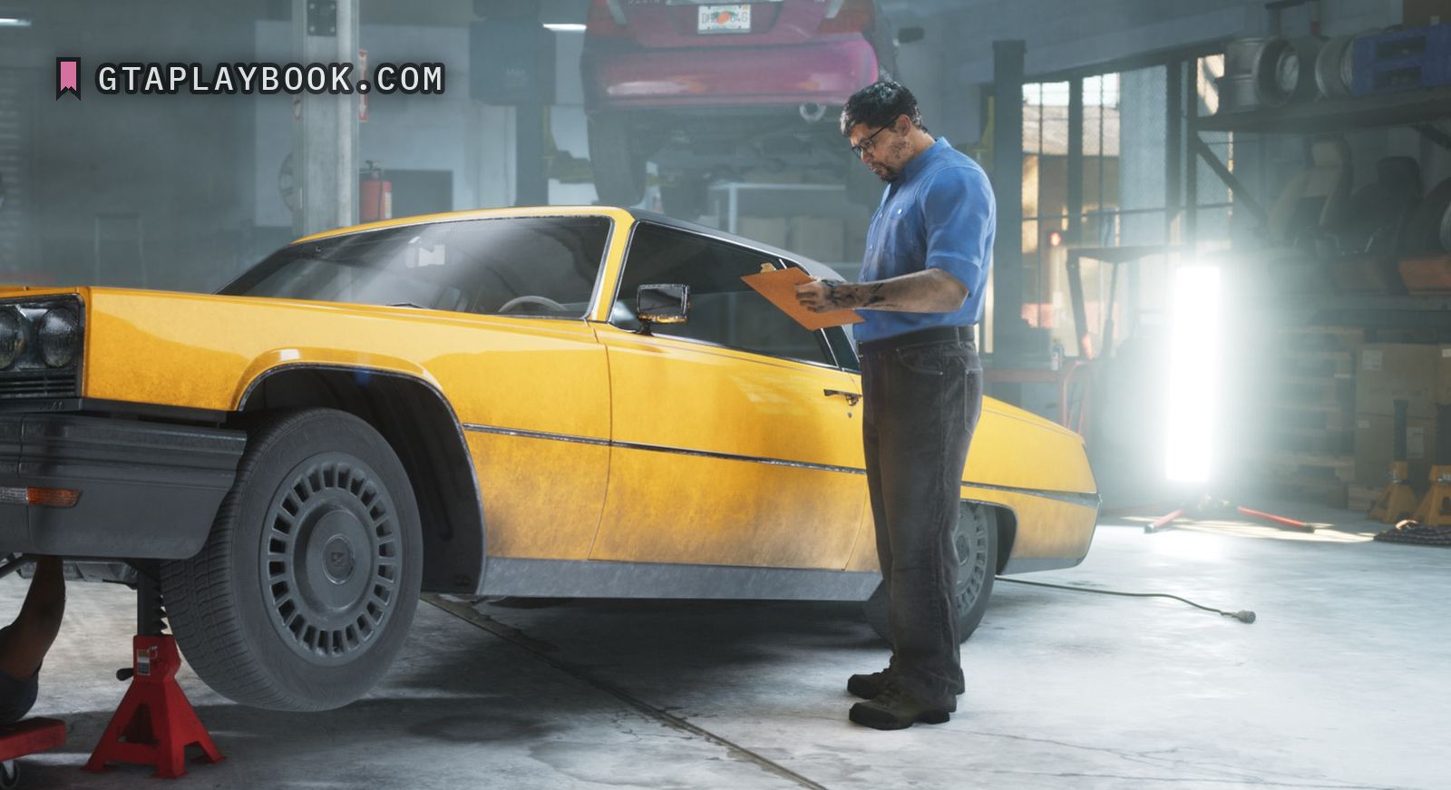 Rideout Customs in Rockstar's render: a yellow two-door with a black vinyl roof on red axle stands, a mechanic's legs on a creeper under it, a second man with an orange clipboard at the wing, a work light on a stand, and a red saloon up on a two-post lift behind