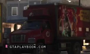 Red box truck with ad livery in GTA 6