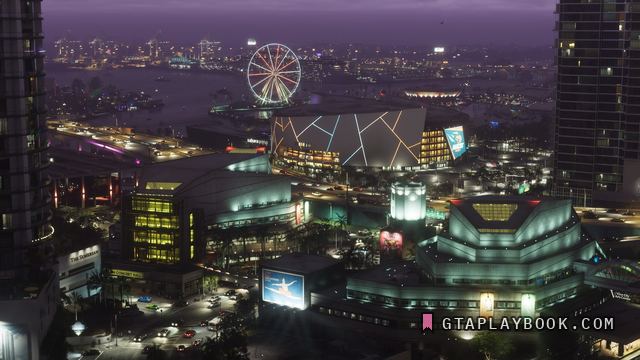 Vice City — Nachtelijk overzicht met het reuzenrad, de Sahara Arena en