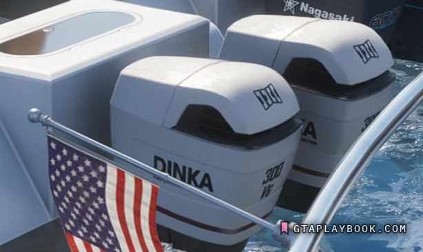 Outboards on the transom: DINKA in full on the front cowling with 300 and V6 beside it and a three-stripe mark on the top cowl; the second white cowling is the same engine, its name partly hidden behind the first
