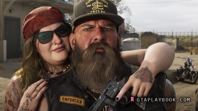 Ambrosia — Een clublid met ENFORCER-patch en een vrouw met een