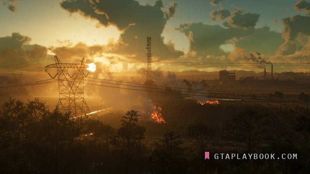 Ambrosia — Zonsopkomst boven het achterland met hoogspanningsmasten en een brandje