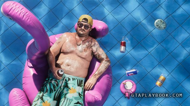 Cal Hampton — Drijvend in een zwembad op een roze flamingo, blikjes