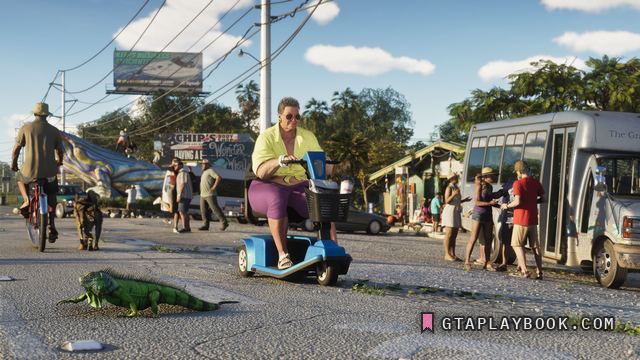 Leonida Keys — Dorpsstraat met een leguaan op het wegdek, een scootmobiel,