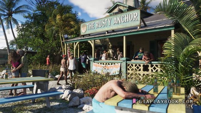 Leonida Keys — De houten strandbar The Rusty Anchor met publiek op