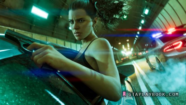 Lucia Caminos — Rijdend door een turkoois verlichte tunnel met een pistool