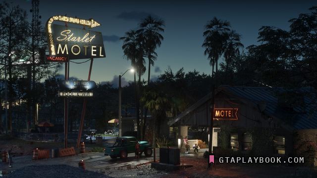 Port Gellhorn — Het neonbord van het Starlet Motel in de schemering,
