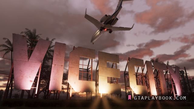 Vice City — De reuzenletters VICE CITY tegen de ondergaande zon, met