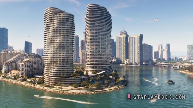 Vice City — Twee gebogen woontorens op een landtong met speedboten in