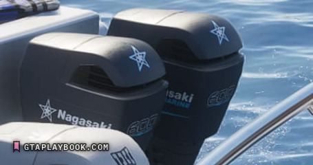 Two Nagasaki outboards on the transom: the star logo and Nagasaki in script on the nearer cowling, Nagasaki Marine on the one behind it