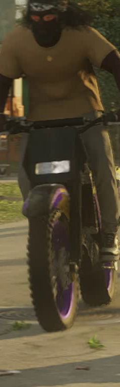 A dirt bike head-on in the Trailer 1 parade, the rider standing on the pegs in a brown T-shirt and a balaclava: a knobbly front tyre on a purple rim with a gold band, gold fork sliders and a blank white number plate between the fork legs