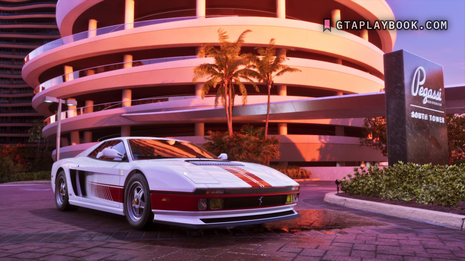 The '95 Grotti Cheetah in a Rockstar studio render, white with a red stripe, outside Pegassi Residences South Tower at dusk